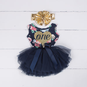 1st Birthday Dress Outfit Heart of Gold with "ONE" on Navy Floral Sleeveless with Gold Bow Headband