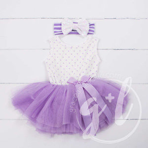 Party Outfit Purple Polka Dot Sleeveless Tutu Dress & Opalescent Bow Headband - Grace and Lucille