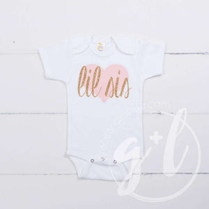 Lil Sis White Onesie Bodysuit with Pink/Gold Heart - Grace and Lucille