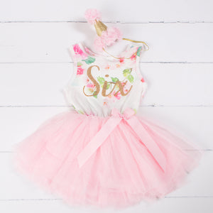 Pink Floral Sixth Birthday Outfit, "SIX" Pink Floral Sleeveless Dress with Pink Party Hat