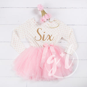 6th Birthday Outfit Gold Script "SIX" Pink Polka Dot Long Sleeve Tutu Dress & Pink Party Hat - Grace and Lucille