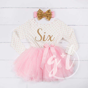 6th Birthday Outfit Gold Script "SIX" Pink Polka Dot Long Sleeve Tutu Dress with Pink & Gold Headband - Grace and Lucille