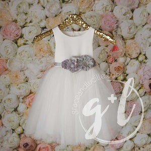 Angelic Flower Girl Pearl White Dress with Charcoal Grey Sash, Tulle Gown - Grace and Lucille