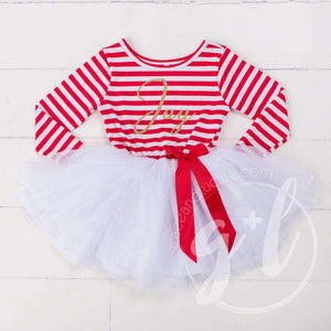 Christmas "JOY" Tutu Dress Red Striped Long Sleeves, Gold JOY - Grace and Lucille