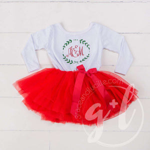 Laurel Wreath Monogram Christmas Dress Red Tutu, White Long Sleeves - Grace and Lucille