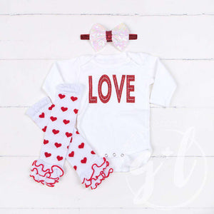 All My "LOVE" Onesie Combo Outfit, Heart Leg Warmers, White Bow on Red Headband - Grace and Lucille
