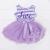 5th Birthday Dress Purple Script "FIVE" Purple Striped Sleeveless - Grace and Lucille