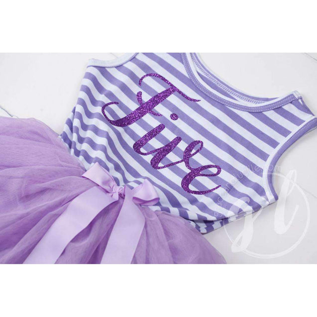 5th Birthday Dress Purple Script "FIVE" Purple Striped Sleeveless - Grace and Lucille