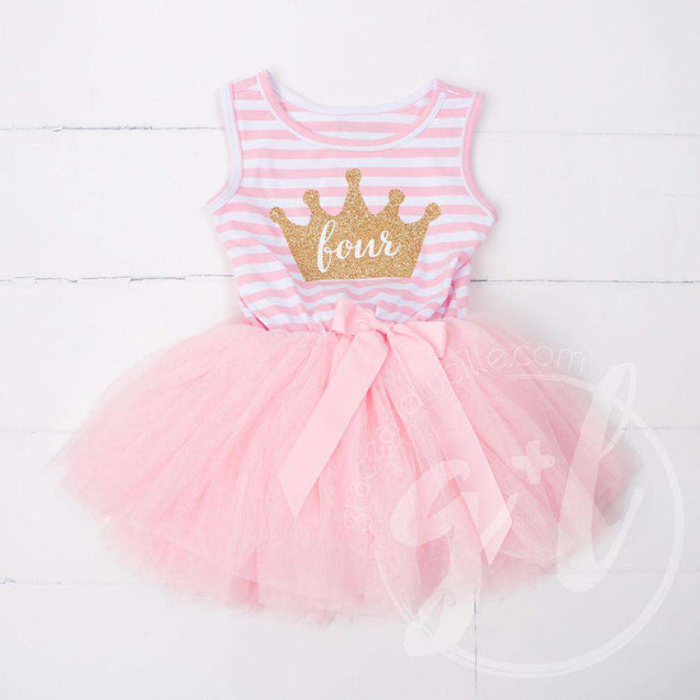 4th Birthday Dress Gold Crown "FOUR" Pink Stripe Sleeveless - Grace and Lucille