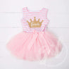 4th Birthday Dress Gold Crown "FOUR" Pink Stripe Sleeveless - Grace and Lucille