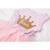 4th Birthday Dress Gold Crown "FOUR" Pink Stripe Sleeveless - Grace and Lucille