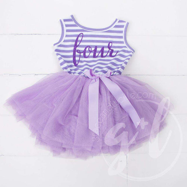4th Birthday Dress Purple Script "FOUR" Purple Striped Sleeveless - Grace and Lucille