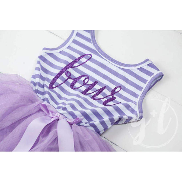4th Birthday Dress Purple Script "FOUR" Purple Striped Sleeveless - Grace and Lucille