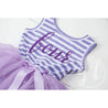 4th Birthday Dress Purple Script "FOUR" Purple Striped Sleeveless - Grace and Lucille