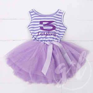 3rd Birthday Dress Purple Sport Jersey-style Name and Number "3" Purple Striped LONG Sleeve - Grace and Lucille