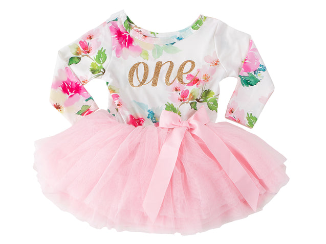 Pink Floral Gold Script Birthday Dress (1st Birthday Dress - 1st Birthday Outfit)