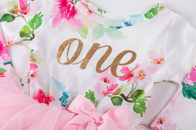 Pink Floral Gold Script Birthday Dress (3rd Birthday Dress - 3rd Birthday Outfit)