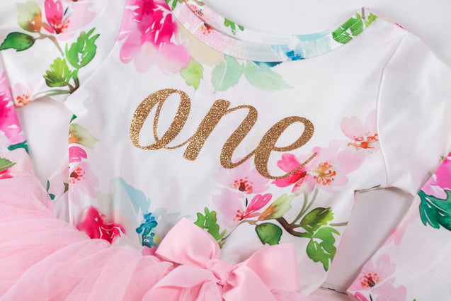 Pink Floral Gold Script Birthday Dress (1st Birthday Dress - 1st Birthday Outfit)