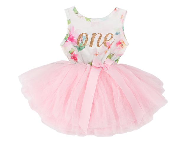 Pink Floral Gold Script Birthday Dress (3rd Birthday Dress - 3rd Birthday Outfit)