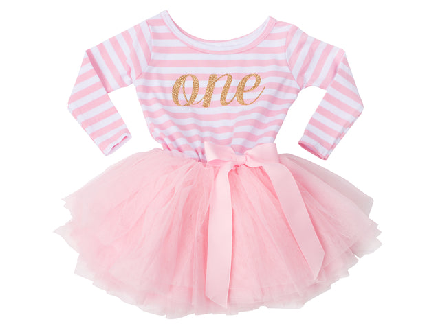 Pink Striped Gold Script Birthday Dress - (Second Birthday Dress - Second Birthday Outfit)