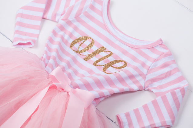 Pink Striped Gold Script Birthday Dress - (First Birthday Dress - First Birthday Outfit)