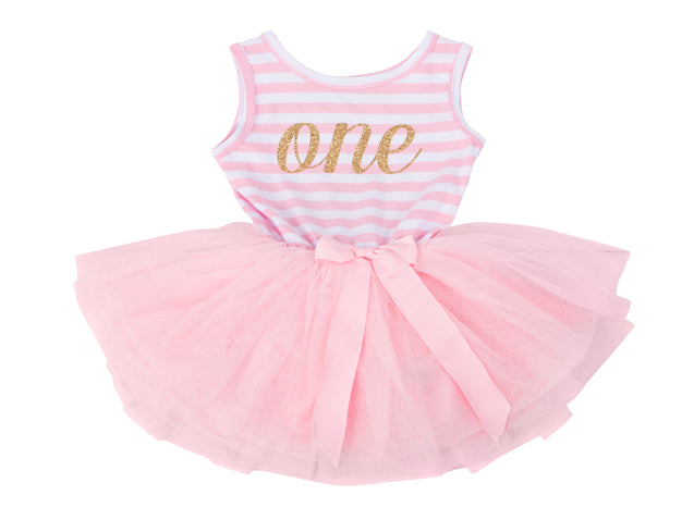 Pink Striped Gold Script Birthday Dress - (First Birthday Dress - First Birthday Outfit)