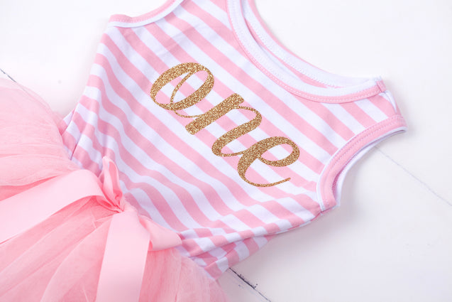 Pink Striped Gold Script Birthday Dress - (First Birthday Dress - First Birthday Outfit)