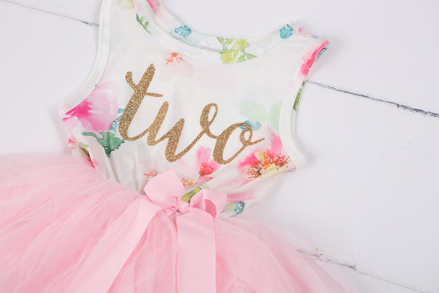 Pink Floral Gold Script Birthday Dress (1st Birthday Dress - 1st Birthday Outfit)