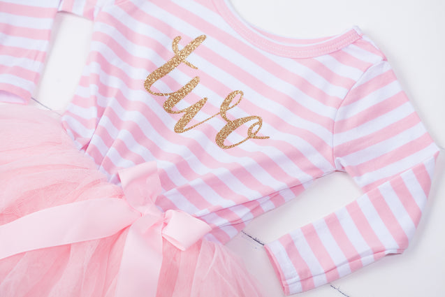 Pink Striped Gold Script Birthday Dress - (Second Birthday Dress - Second Birthday Outfit)