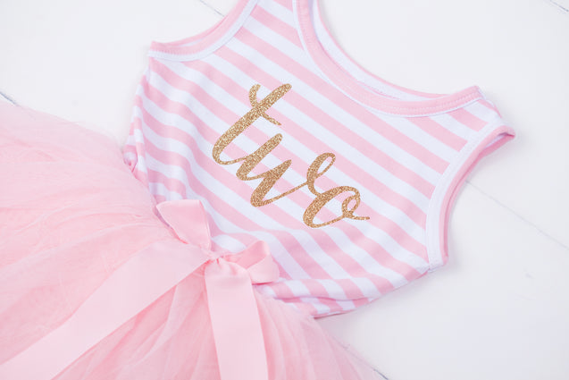 Pink Striped Gold Script Birthday Dress - (First Birthday Dress - First Birthday Outfit)