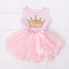 3rd Birthday Dress Gold Crown "THREE" Pink Striped Long Sleeve - Grace and Lucille