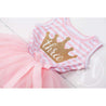 3rd Birthday Dress Gold Crown "THREE" Pink Striped Sleeveless - Grace and Lucille