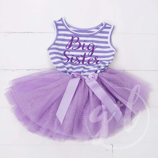 Big Sister Dress Purple Script Purple Striped Sleeveless - Grace and Lucille