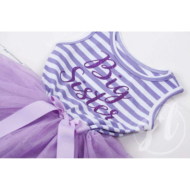 Big Sister Dress Purple Script Purple Striped LONG Sleeve - Grace and Lucille