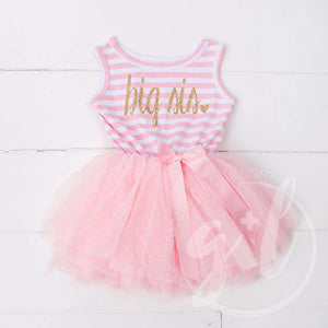 Big Sis Dress Gold Script Pink Striped LONG Sleeves - Grace and Lucille