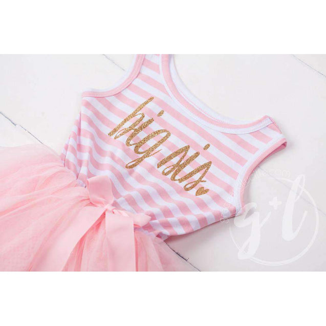 Big Sis Dress Gold Script Pink Striped Sleeveless - Grace and Lucille