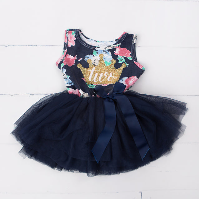 2nd Birthday Dress Gold Crown "TWO" on Navy Floral Sleeveless