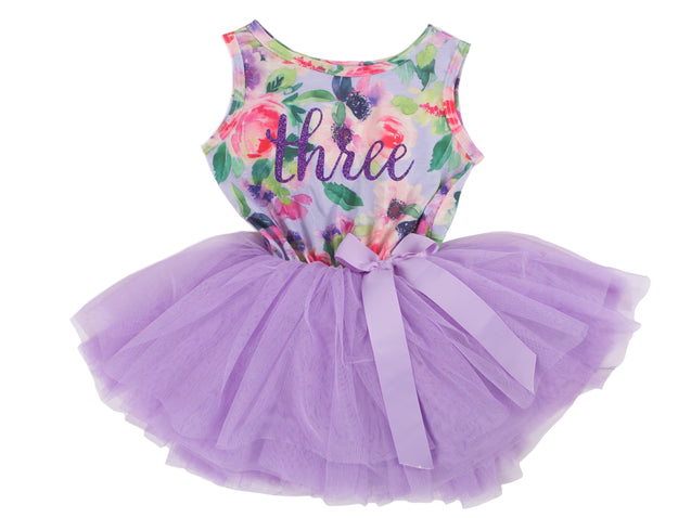 Lavender Floral Sleeveless Tutu Dress - (1st Birthday Dress - 1st Birthday Outfit)