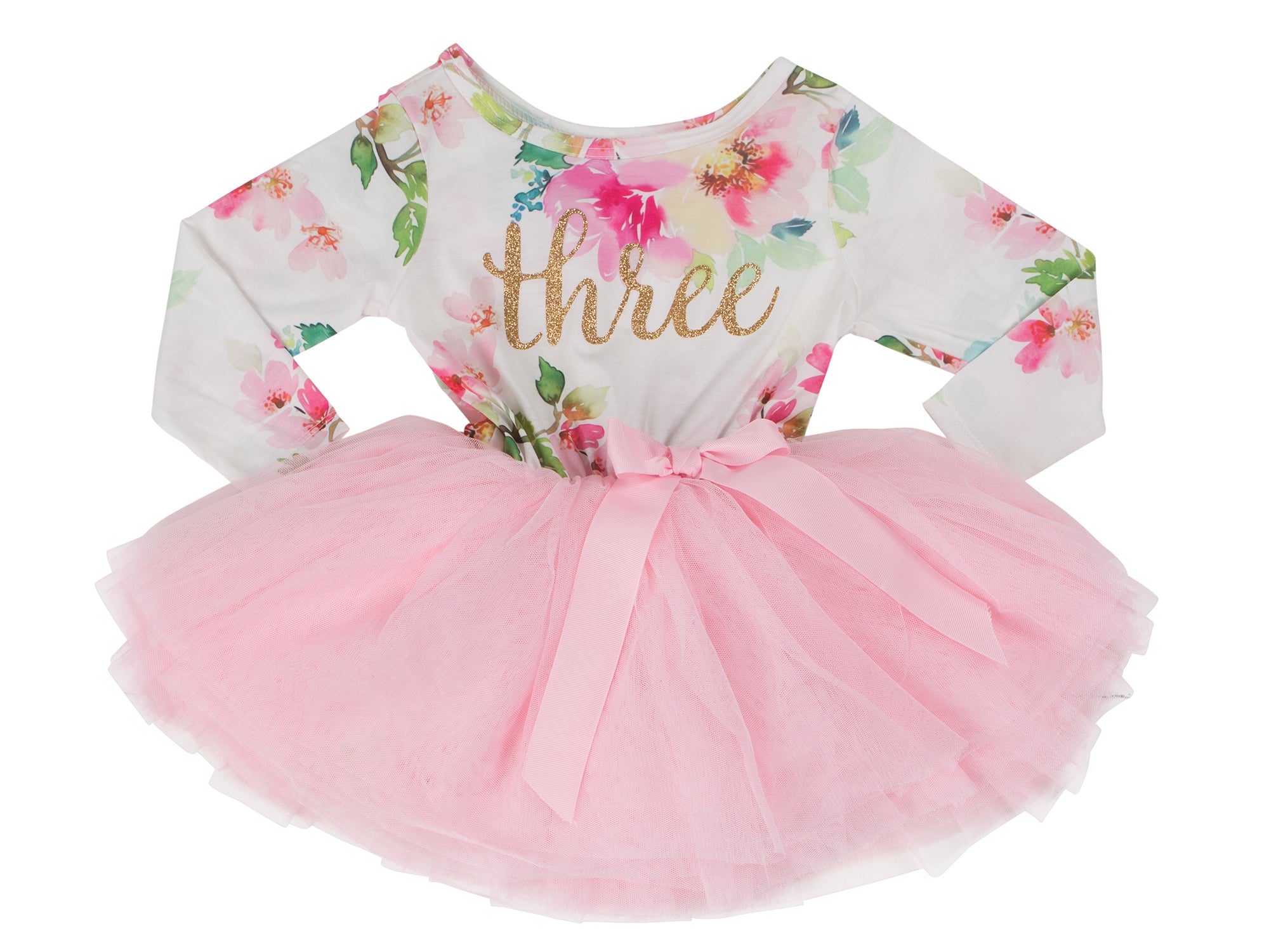 Grace and Lucille Pink Floral Gold Script Birthday Dress 3rd Birthday Dress 3rd Birthday Outfit Three 2 Toddler Long Sleeve