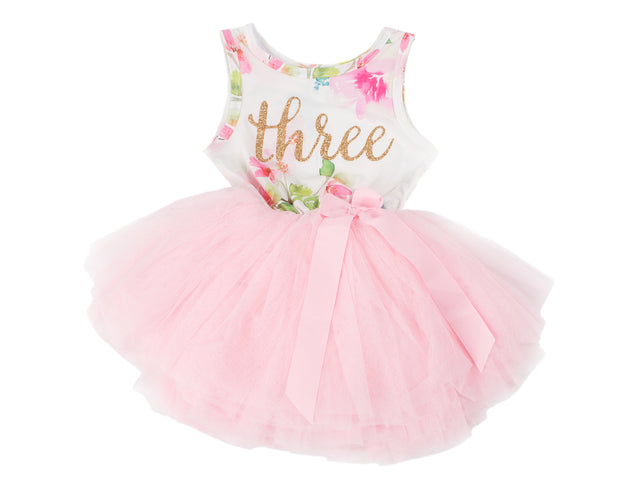 Pink Floral Gold Script Birthday Dress (3rd Birthday Dress - 3rd Birthday Outfit)