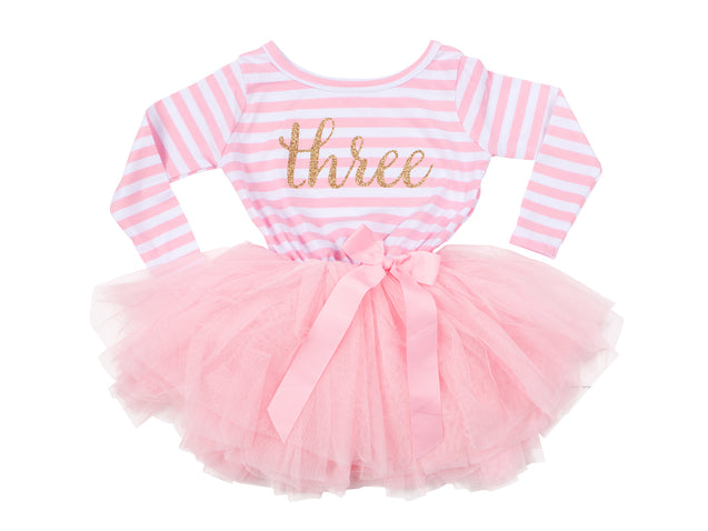 Pink Striped Gold Script Birthday Dress - (Third Birthday Dress - Third Birthday Outfit)