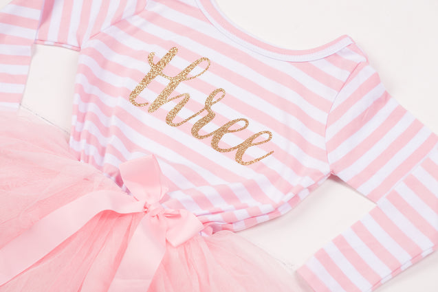Pink Striped Gold Script Birthday Dress - (First Birthday Dress - First Birthday Outfit)
