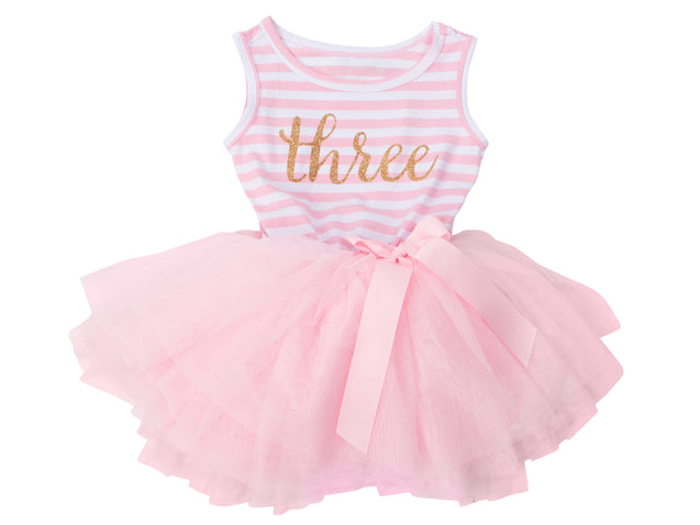 Pink Striped Gold Script Birthday Dress - (Third Birthday Dress - Third Birthday Outfit)