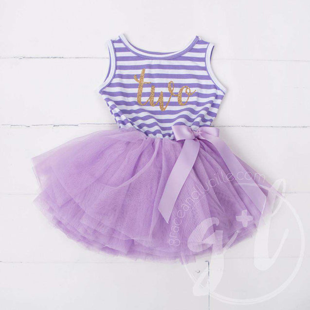 2nd Birthday Dress Gold Script "TWO" Purple Striped Sleeveless - Grace and Lucille