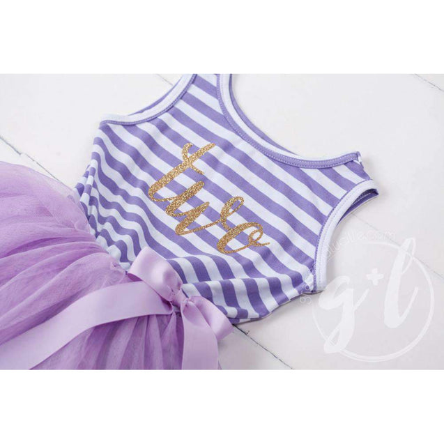 2nd Birthday Dress Gold Script "TWO" Purple Striped Sleeveless - Grace and Lucille