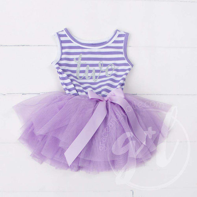 2nd Birthday Dress Silver Script "TWO" Purple Striped Sleeveless - Grace and Lucille