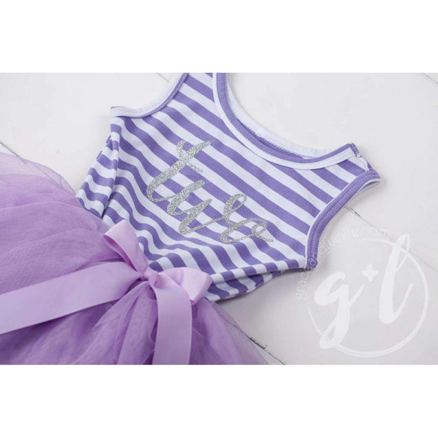 2nd Birthday Dress Silver Script "TWO" Purple Striped Sleeveless - Grace and Lucille