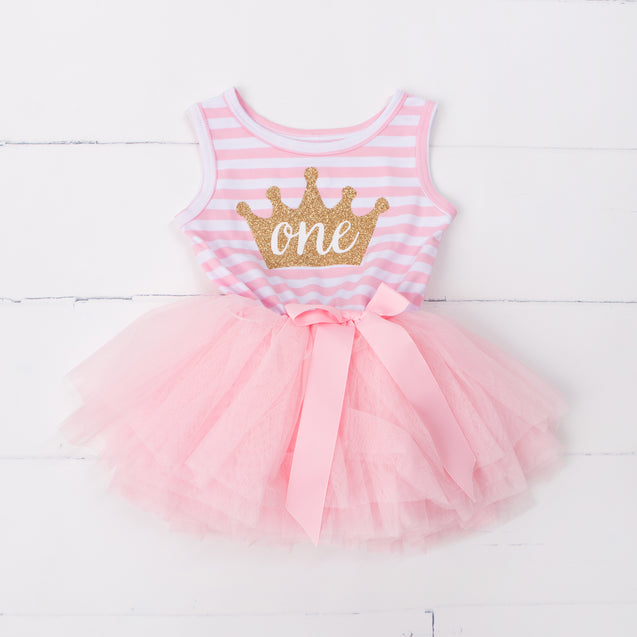 1st Birthday Dress Gold Crown "ONE" Pink Stripe Sleeveless - Grace and Lucille