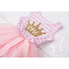 1st Birthday Dress Gold Crown "ONE" Pink Stripe Long Sleeves - Grace and Lucille