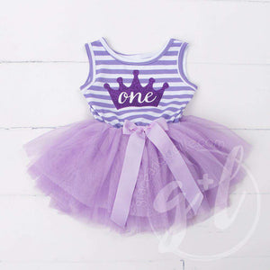1st Birthday Dress Purple Crown "ONE"  Purple Striped Sleeveless - Grace and Lucille